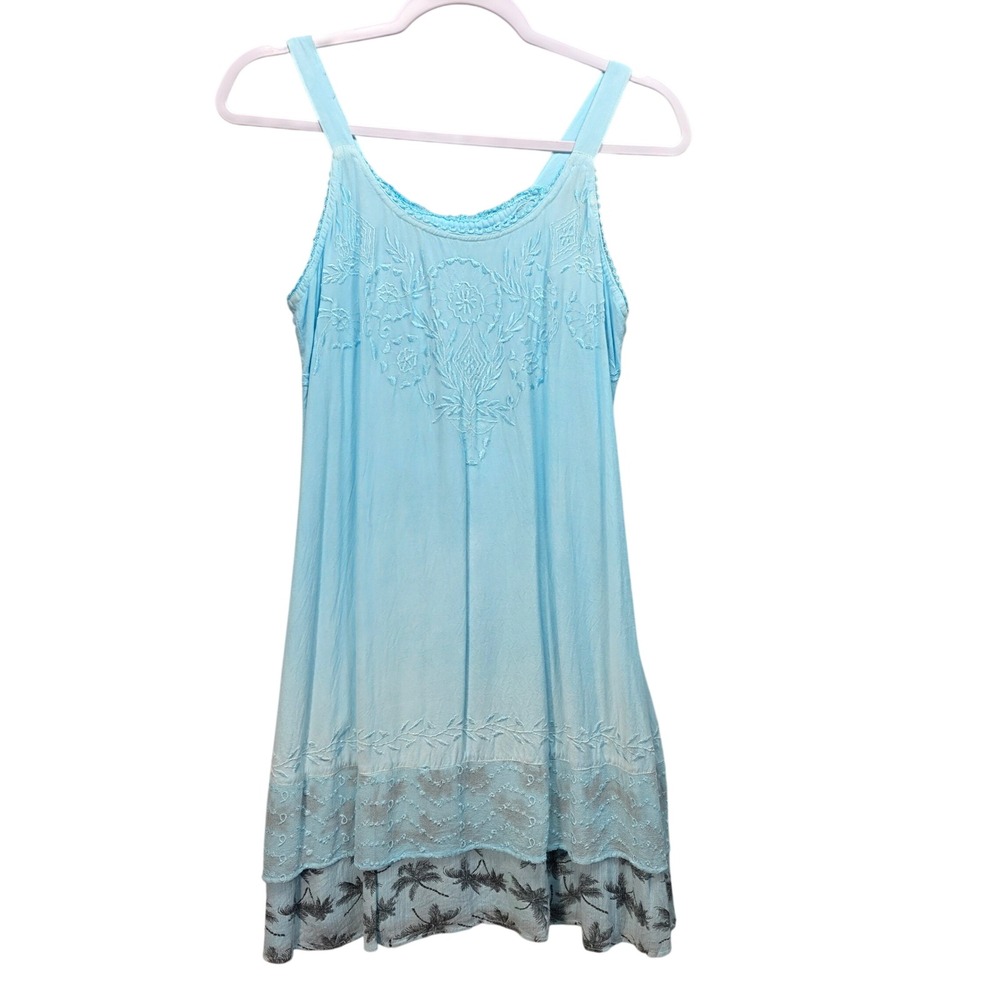 Womens Boho Embroidered Dress M Aqua Blue Palm Tree Lace Hem Beach Sundress